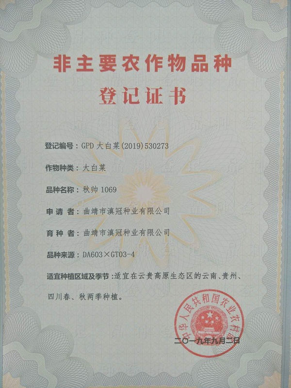 非主要农作物品种登记证书-大白菜秋帅1069